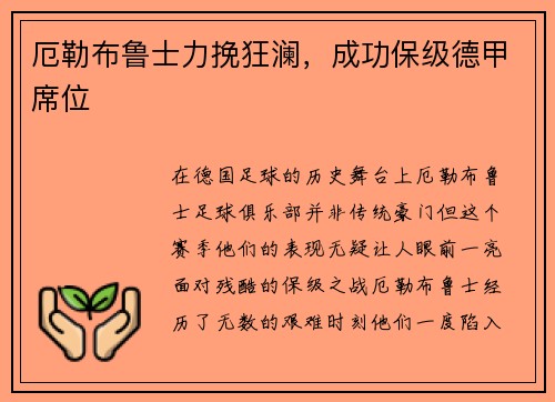 厄勒布鲁士力挽狂澜，成功保级德甲席位