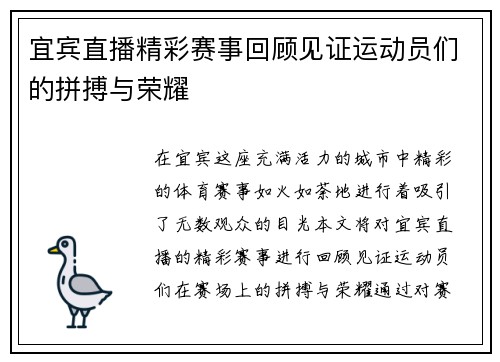 宜宾直播精彩赛事回顾见证运动员们的拼搏与荣耀