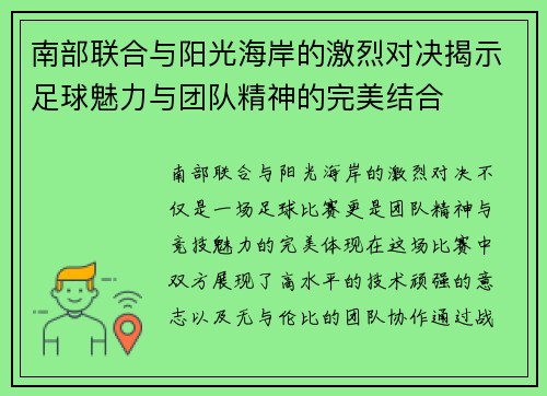 南部联合与阳光海岸的激烈对决揭示足球魅力与团队精神的完美结合